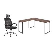 Conjunto de Mesa Kuadra Nogal 150 cm com Cadeira de Escritório Diretor Giratória Light Preta - Mobly