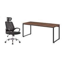 Conjunto de Mesa Kuadra Nogal com Cadeira de Escritório Diretor Giratória Light Preta