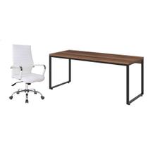 Conjunto de Mesa Kuadra Nogal e Preta com Cadeira de Escritório Diretor Giratória Cleaner Branca