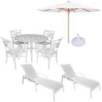 Conjunto de Mesa Liz com 4 Cadeiras, Guarda Sol e 2 Espreguiçadeiras em Alumínio e Tela Sling Conjunto de Mesa Liz com 4 Cadeiras, Guarda Sol e 2 Espreguiçadeiras em Alumínio e Tela Sling