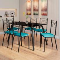 Conjunto de Mesa Lotus SF Preto 1,40 cm Tubular Com 6 Cadeiras 119 Assento Azul Turquesa Artefamol