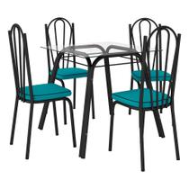 Conjunto de Mesa Lotus SF Preto De 75 cm Vidro Incolor Com 4 Cadeiras 121 Assento Azul Turquesa Artefamol