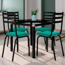 Conjunto De Mesa Malva Com 4 Cadeiras Tampo De Vidro 75cm Preto Assento Azul Turquesa Artefamol