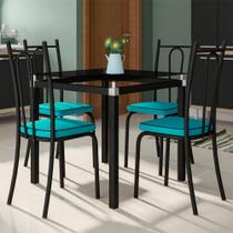 Conjunto De Mesa Malva Com 4 Cadeiras Tampo De Vidro 75cm Preto Assento Azul Turquesa Artefamol