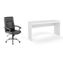 Conjunto de Mesa Marselha Branca com Cadeira de Escritório Presidente Giratória com Relax Office Plus Preta