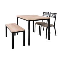 Conjunto de mesa mega com 1 banco mega e 2 cadeiras jade tubo preto fosco tampo bp carvalho montreal 1,10m x 0,72m - ciplafe