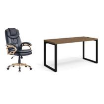 Conjunto de Mesa Munique Carvalho 150 cm com Cadeira de Escritório Presidente Giratória com Relax Clark Preta e Dourada Conjunto de Mesa Munique Carvalho 150 cm com Cadeira de Escritório Presidente Giratória com Relax Clark Preta e Dourada