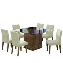 Conjunto de Mesa para Sala de Jantar com 6 Cadeiras Tampo de Vidro Onix Cedro / Areia - DOBUE