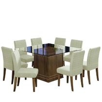 Conjunto de Mesa para Sala de Jantar com 8 Cadeiras Tampo de Vidro Onix Cedro / Areia