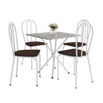 Conjunto de Mesa Quadrada com Tampo Granito e 4 Cadeiras Léia Revestimento Sintético Branco e Cacau