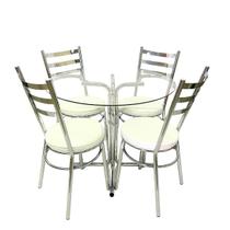 Conjunto de Mesa Redonda com 4 Cadeiras Cromadas Reforço Assento Branco e Tampo de Vidro