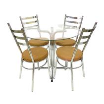 Conjunto de Mesa Redonda com 4 Cadeiras Cromadas Reforço Assento Caramelo e Tampo de Vidro