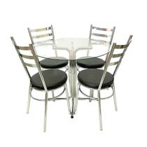 Conjunto de Mesa Redonda com 4 Cadeiras Cromadas Reforço Assento Preto e Tampo de Vidro Conjunto de Mesa Redonda com 4 Cadeiras Cromadas Reforço Assento Preto e Tampo de Vidro