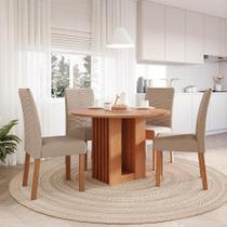Conjunto de Mesa Redonda com Tampo de MDF Cinamomo Ariela e 4 Cadeiras Clarice Linho Bege e Madeira