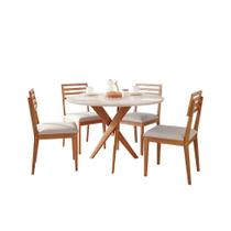 Conjunto de Mesa Redonda com Tampo de Vidro Off White Cacau e 4 Cadeiras Juparanã Linho Bege e Cinamomo Conjunto de Mesa Redonda com Tampo de Vidro Off White Cacau e 4 Cadeiras Juparanã Linho Bege e Cinamomo