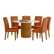 Conjunto de Mesa Redonda com Tampo de Vidro Off White e 6 Cadeiras Serena Poliéster Terracota e Ypê Conjunto de Mesa Redonda com Tampo de Vidro Off White e 6 Cadeiras Serena Poliéster Terracota e Ypê