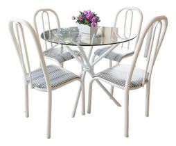 Conjunto De Mesa Redonda Tampo Vidro Jantar 4 Cadeira Branca