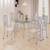 Conjunto de Mesa Retangular 140x75cm Tampo de Vidro 6 Cadeiras Lavínea Branco/Arabesco/Mart Pérola Conjunto de Mesa Retangular 140x75cm Tampo de Vidro 6 Cadeiras Lavínea Branco/Arabesco/Mart Pérola