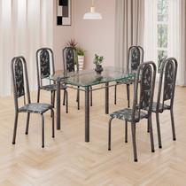 Conjunto de Mesa Retangular 140x75cm Tampo de Vidro 6 Cadeiras Lavínea Prata/Preto Floral/Mart
