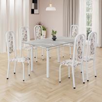 Conjunto de Mesa Retangular 140x75cm Tampo Granito Topázio 6 Cadeiras Lavínea Branco/Arabesco