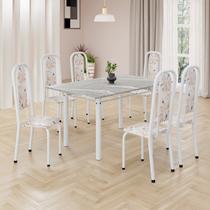 Conjunto de Mesa Retangular 140x75cm Tampo Granito Topázio 6 Cadeiras Lavínea Branco/Botanic Bege Conjunto de Mesa Retangular 140x75cm Tampo Granito Topázio 6 Cadeiras Lavínea Branco/Botanic Bege