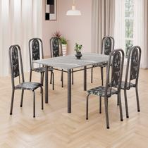 Conjunto de Mesa Retangular 140x75cm Tampo Granito Topázio 6 Cadeiras Lavínea Prata/Preto Floral/Mart