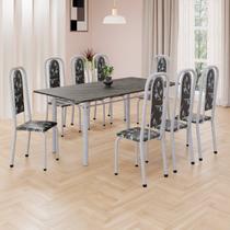 Conjunto de Mesa Retangular 180x75cm Tampo Ardósia Indiana 8 Cadeiras Lavínea Branco/Preto Floral/Mart Pérola