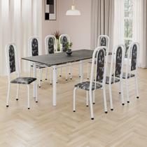 Conjunto de Mesa Retangular 180x75cm Tampo Ardósia Indiana 8 Cadeiras Lavínea Branco/Preto Floral