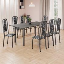 Conjunto de Mesa Retangular 180x75cm Tampo Ardósia Indiana 8 Cadeiras Lavínea Prata/Preto Floral/Mart
