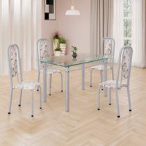 Conjunto de Mesa Retangular a 120x75cm Tampo de Vidro 4 Cadeiras Lavínea Branco/Arabesco/Mart Pérola Conjunto de Mesa Retangular a 120x75cm Tampo de Vidro 4 Cadeiras Lavínea Branco/Arabesco/Mart Pérola