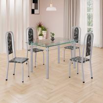 Conjunto de Mesa Retangular a 120x75cm Tampo de Vidro 4 Cadeiras Lavínea Branco/Preto Floral/Mart Pérola