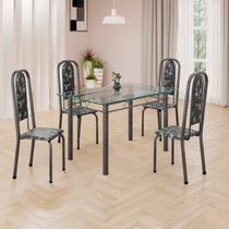 Conjunto de Mesa Retangular a 120x75cm Tampo de Vidro 4 Cadeiras Lavínea Prata/Preto Floral/Mart