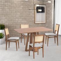 Conjunto de Mesa Retangular com Tampo de Madeira Maciça Frame e 4 Cadeiras Serena Poliéster Cinza Claro e Natural
