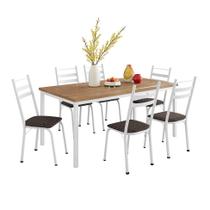 Conjunto de Mesa Retangular com Tampo de MDP Amadeirado e 6 Cadeiras Adriana III Revestimento Sintético Cacau e Branco