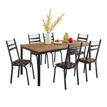 Conjunto de Mesa Retangular com Tampo de MDP Amadeirado e 6 Cadeiras Adriana III Revestimento Sintético Palha e Preto Conjunto de Mesa Retangular com Tampo de MDP Amadeirado e 6 Cadeiras Adriana III Revestimento Sintético Palha e Preto