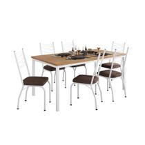 Conjunto de Mesa Retangular com Tampo de MDP Amadeirado e 6 Cadeiras Adriana Revestimento Sintético Imbuia e Branco