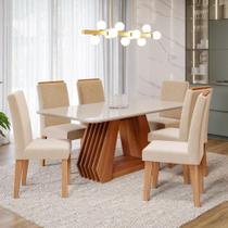 Conjunto de Mesa Retangular com Tampo de Vidro Off White Agata e 6 Cadeiras Tais e Maia Suede Bege e Amadeirado Conjunto de Mesa Retangular com Tampo de Vidro Off White Agata e 6 Cadeiras Tais e Maia Suede Bege e Amadeirado