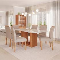 Conjunto de Mesa Retangular com Tampo de Vidro Off White Ariela e 6 Cadeiras Juliana Linho Bege e Madeira