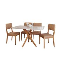 Conjunto de Mesa Retangular com Tampo de Vidro Off White Cacau e 4 Cadeiras Sabiá Revestimento Sintético Marrom e Cinamomo