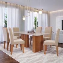 Conjunto de Mesa Retangular com Tampo de Vidro Off White Ester e 6 Cadeiras Tais e Maia Suede Bege e Amadeirado Conjunto de Mesa Retangular com Tampo de Vidro Off White Ester e 6 Cadeiras Tais e Maia Suede Bege e Amadeirado