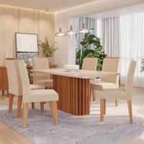 Conjunto de Mesa Retangular com Tampo de Vidro Off White Julieta e 6 Cadeiras Tais e Maia Suede Bege e Amadeirado Conjunto de Mesa Retangular com Tampo de Vidro Off White Julieta e 6 Cadeiras Tais e Maia Suede Bege e Amadeirado