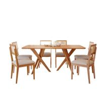 Conjunto de Mesa Retangular com Tampo MDF Cacau e 6 Cadeiras Palmas Linho Bege e Cinamomo Conjunto de Mesa Retangular com Tampo MDF Cacau e 6 Cadeiras Palmas Linho Bege e Cinamomo