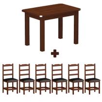 Conjunto de Mesa Retangular e 6 Cadeiras Estofadas de Madeira Maciça - Castanho Preto