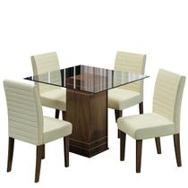 Conjunto De Mesa Sala de Jantar Com Tampo De Vidro 1m Onix 4 Cadeiras Creta Cedro/Areia Dobuê