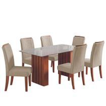 Conjunto De Mesa Sala De Jantar Ripada Tampo Com Vidro Santiago 1,60m 6 Cadeiras Grécia Dobuê Madeirado / Bege
