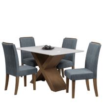 Conjunto de Mesa Sala de Jantar Tampo Com Vidro Grécia 4 Cadeiras Off White / Cinza / Cedro 1,36m Dobuê