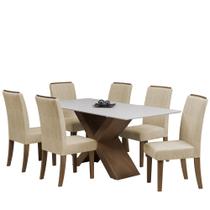 Conjunto de Mesa Sala de Jantar Tampo Com Vidro Grécia 6 Cadeiras Off White / Bege / Cedro 1,80m Dobuê
