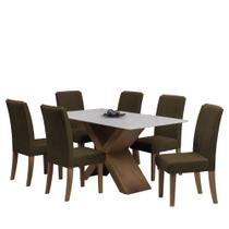 Conjunto de Mesa Sala de Jantar Tampo Com Vidro Grécia 6 Cadeiras Off White / Castor / Cedro 1,60m Dobuê - DOBUE