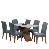 Conjunto de Mesa Sala de Jantar Tampo Com Vidro Grécia 6 Cadeiras Off White / Cinza / Cedro 1,60m Dobuê - DOBUE
