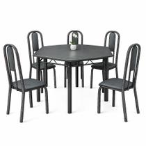 Conjunto de mesa Sextavado Teixeira em aço 6 cadeiras Madri, tampo pedra de ardosia pintado Grafite Martelado Conjunto de mesa Sextavado Teixeira em aço 6 cadeiras Madri, tampo pedra de ardosia pintado Grafite Martelado